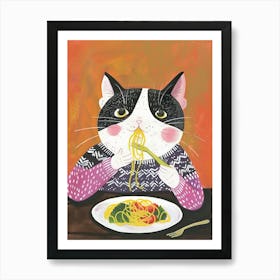 Black And White Cat Eating Pizza Folk Illustration 4 Art Print