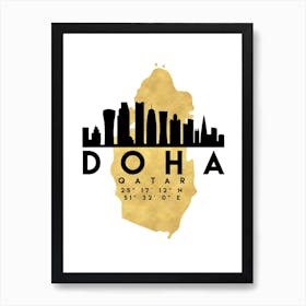 Doha Qatar Silhouette City Skyline Map Art Print