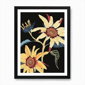 Neon Flowers On Black Sunflower 2 Art Print