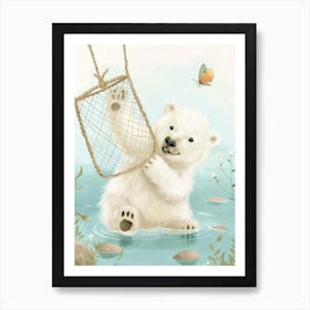 Polar Bear Cub Playing With A Butterfly Net Storybook Illustration 2 Art Print