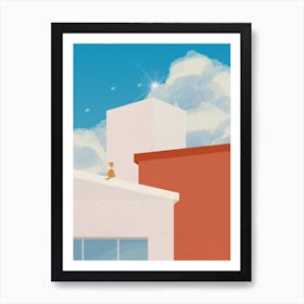 Minimal art Cat On Beautiful View Roof Art Print