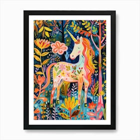 Floral Fauvism Style Unicorn In The Woodland 1 Art Print