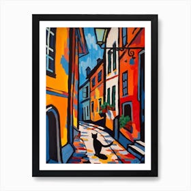 Painting Of A Street In Stockholm Sweden With A Cat In The Style Of Matisse 3 Art Print