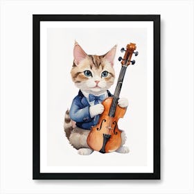 Cat Playing Violin Watercolor Art Print