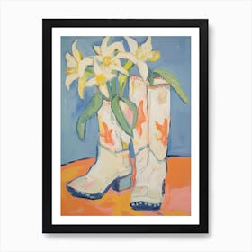 Painting Of White Flowers And Cowboy Boots, Oil Style 1 Art Print