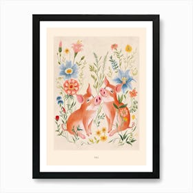 Folksy Floral Animal Drawing Pig 2 Poster Art Print