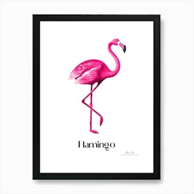 Flamingo. Long, thin legs. Pink or bright red color. Black feathers on the tips of its wings.3 Art Print