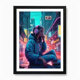 Girl With Headphones In The City Art Print