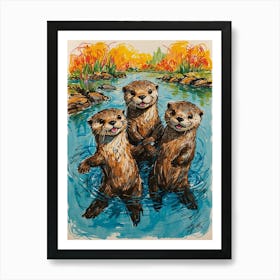 Otters In The Water Art Print