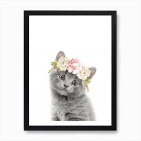 Peekaboo Floral Grey Kitten Art Print