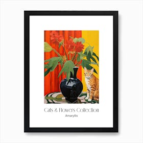 Cats & Flowers Collection Amaryllis Flower Vase And A Cat, A Painting In The Style Of Matisse 1 Art Print