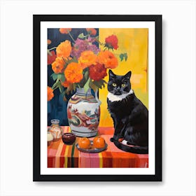 Marigold Flower Vase And A Cat, A Painting In The Style Of Matisse 4 Art Print