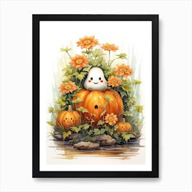 Cute Bedsheet Ghost, Botanical Halloween Watercolour 24 Art Print