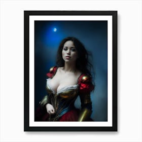 warrior princess beautiful fantasy art red blue night nocturne female portrait Art Print