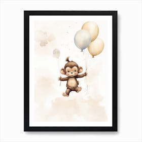 Baby Monkey Flying With Ballons, Watercolour Nursery Art 3 Art Print