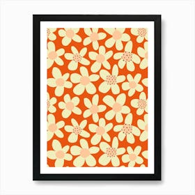 Playful Blooming Flowers Cream White On Red Art Print