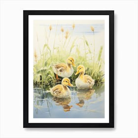 Japanese Woodblock Style Duckling Family 4 Art Print