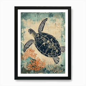 Vintage Coral & Blue Sea Turtle Art Print