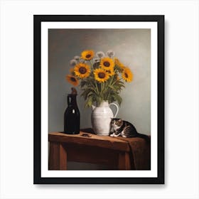 Painting Of A Still Life Of A Aster With A Cat, Realism 3 Art Print