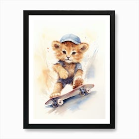 Skateboarding Watercolour Lion Art Painting 3 Art Print