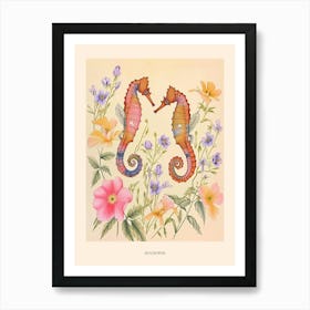 Folksy Floral Animal Drawing Seahorse 2 Poster Affiche