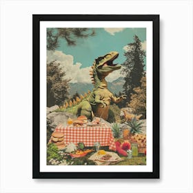 Dinosaur Having A Picnic Retro Collage 2 Art Print