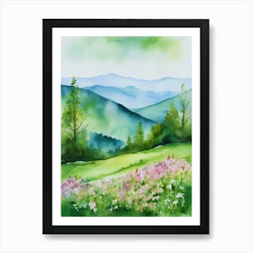 Smoky Mountains Painting, Spring Flowers, Watercolor Art, Appalachian Mountain Landscape Wall Art, Mountain Forest Print..182 Art Print