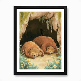 Sloth Bear Family Sleeping In A Cave Storybook Illustration 4 Art Print