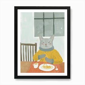 Grey Cat Eating Pasta Folk Illustration 3 Art Print