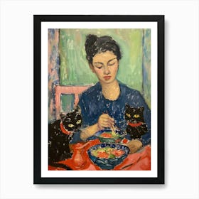 Portrait Of A Girl With Cats Eating Ramen 2 Art Print