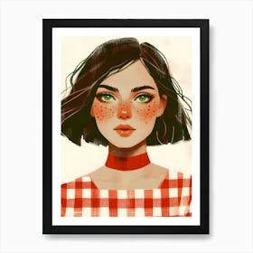 Pretty Woman Girl with Freckles, Green Eyes, Short Brown Hair, Choker, Gingham Dress Art Print