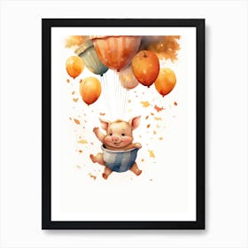 Tea Cup Pig Flying With Autumn Fall Pumpkins And Balloons Watercolour Nursery 1 Art Print