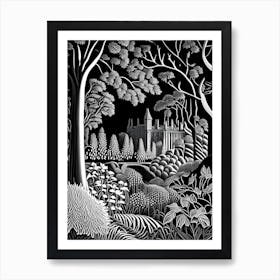 Alnwick Garden, United Kingdom Linocut Black 4 And White Vintage Art Print