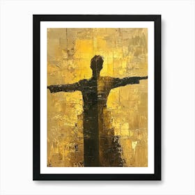 Silhouette With Outstretched Arms – Abstract Textured Art In Gold Tones Art Print