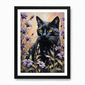 Black Cat Amongst Belladonna Flowers - Oil and Palette Knife Painting of A Beautiful Black Cat Sitting Among the Flowering Atropa Belladonna Deadly Nightshade - Kitty, Cat Lady, Pagan, Feature Wall, Witch, Fairytale Tarot Bastet Litha Colorful Painting in HD Art Print