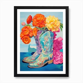 Oil Painting Of Colourful Flowers And Cowboy Boots, Oil Style 4 Art Print