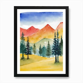 Watercolor Of Mountains And Trees Art Print