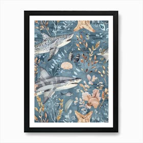 Pastel Blue Zebra Shark Watercolour Seascape Pattern 1 Art Print