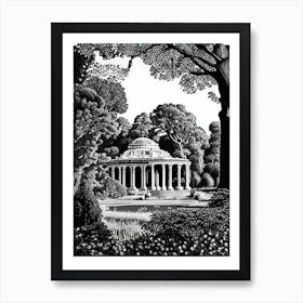 Villa Borghese Gardens, 1, Italy Linocut Black And White Vintage Art Print