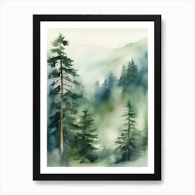 Appalachian Mountains of Misty Pines Watercolor Print of Evergreen Forest..124 Art Print