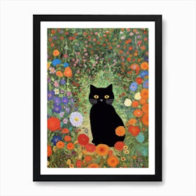 Flower Garden And A Black Cat, Inspired By Klimt 7 Art Print