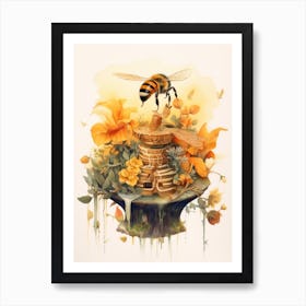 Orange Footed Flower Bee Beehive Watercolour Illustration 4 Art Print