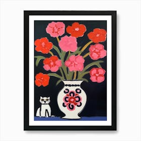 A Painting Of A Still Life Of A Carnations With A Cat In The Style Of Matisse 3 Art Print