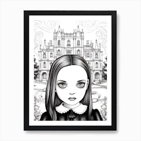 Nevermore Academy With Wednesday Addams And A Cat Line Art 5 Fan Art Art Print