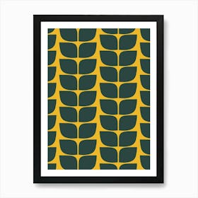 Mod Art Rows of Mid Century Modern Leaves Green on Yellow Art Print