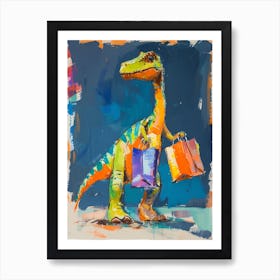 Dinosaur Shopping Orange Blue Brushstrokes  3 Art Print