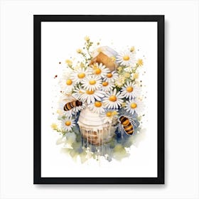 Beehive With Daisies Watercolour Illustration 2 Art Print