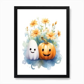 Cute Ghost With Pumpkins Halloween Watercolour 147 Affiche