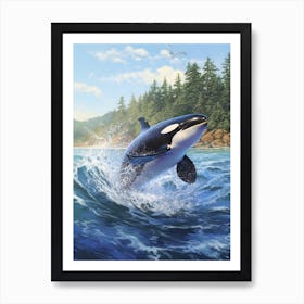 Realistic Orca Whale Illustration Splashing Through Waves Art Print