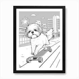 Shih Tzu Dog Skateboarding Line Art 2 Art Print